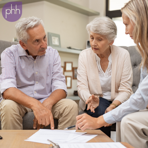PHH Solicitors An elderly couple talking to a PHH Solicitor about a Deputyship Order.