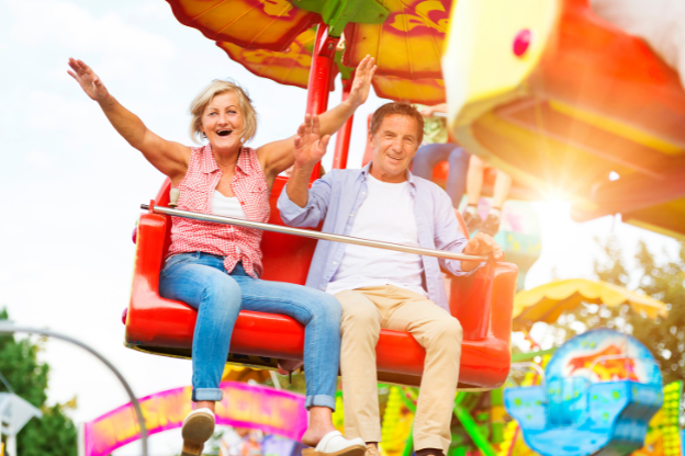 A couple on a theme park ride.