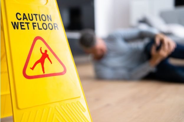 Man on floor holding knee after a trip, slip and fall.